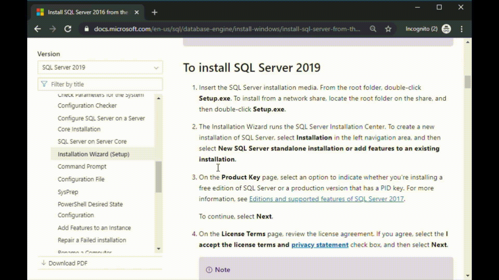 Skärmbild som visar versionsfiltret för SQL Docs.