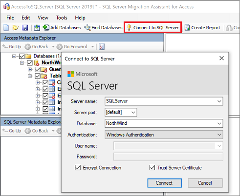 Skärmbild som visar Anslut till SQL Server.