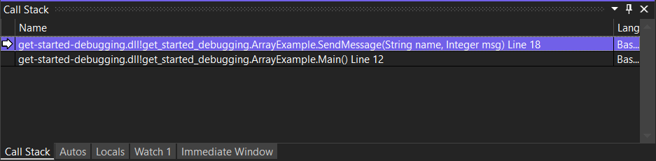 Skärmbild som visar fönstret Visual Studio Call Stack med ett SendMessage-metodanrop markerat på den översta raden.