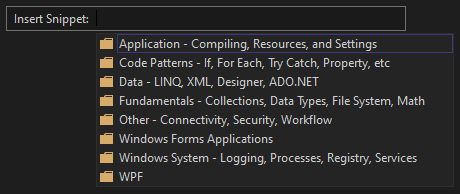 Screenshot som visar fönstret Infoga kodfragment med en lista över kategorimappar som innehåller Visual Basic kodfragment.