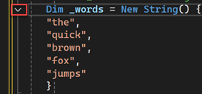 Skärmbild av Visual Studio Code-redigeraren med knappen för att komprimera konturen av ett kodavsnitt markerat i rött.