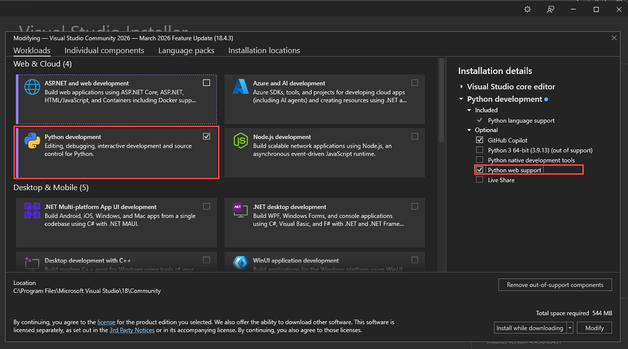 Skärmbild av Visual Studio Installer med Python-utvecklingsarbetsbelastningen och Python-webbsupporten vald.