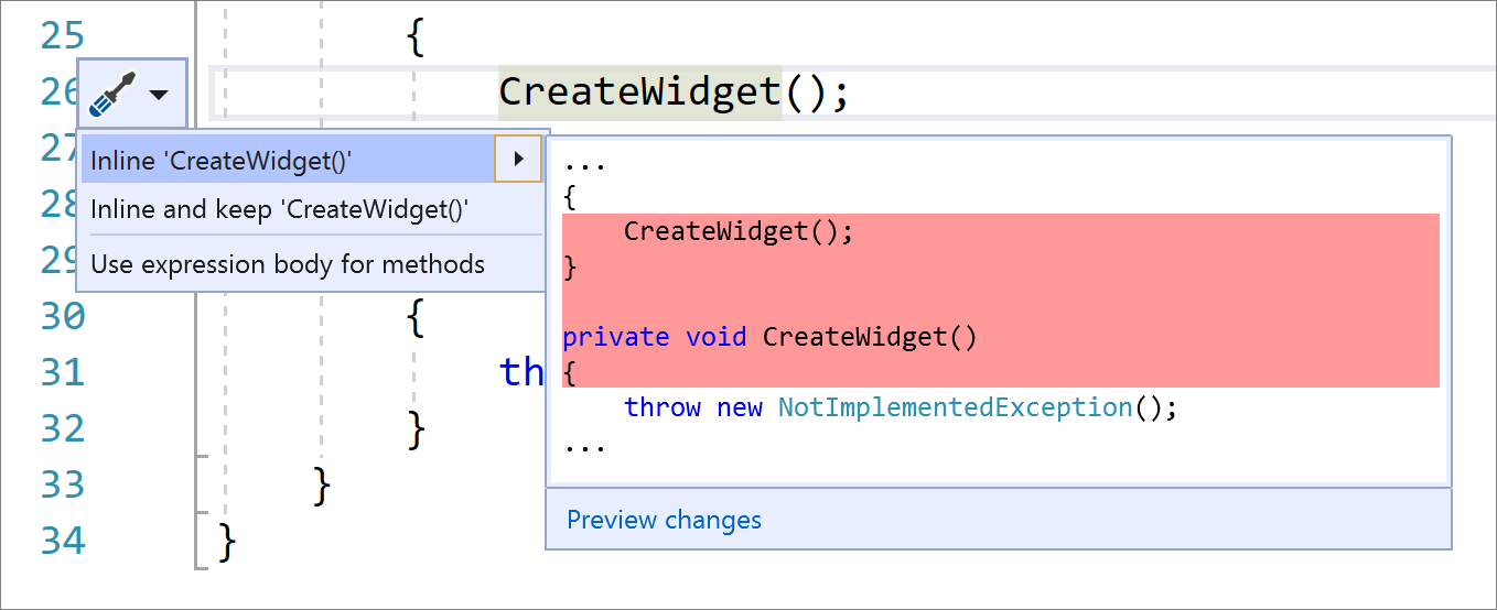 Skärmbild av snabbåtgärder och refaktoriseringar i Visual Studio med Konvertera infogad 