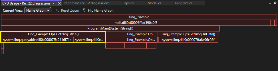 Skärmbild av förbättrad CPU-användning i Flame Graph-vyn för verktyget CPU-användning.