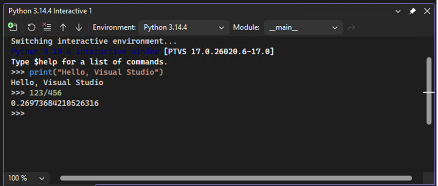 Skärmbild som visar hur det interaktiva fönstret visar omedelbara resultat för kod som du anger i Visual Studio.