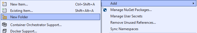 En skärmbild av hur du lägger till en ny mapp med namnet Vyer i Windows Hello Inloggning project